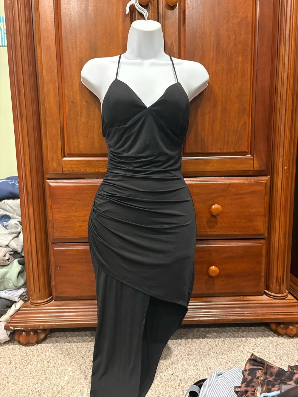 Windsor Black Asymmetrical Ruched Slip Dress with Spaghetti Straps
